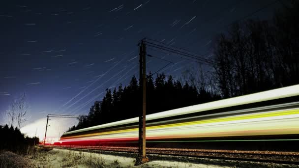 Star Trail Time Lapse Comet Mode Treni Elettrici Corrono Notte — Video Stock