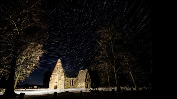 Oude Kerk Ruïnes Kerkhof Nacht Tijd Winter Komeetmodus Ster Paden — Stockvideo