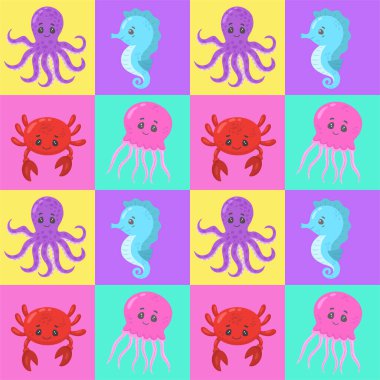 Ahtapotlar, denizatları, balıklar ve denizanaları içeren kusursuz deniz temalı desenler. El yapımı mozaik bloklardan oluşan vektör çizimi. Deniz bitkileri ve hayvanlar. Vektör illüstrasyonu