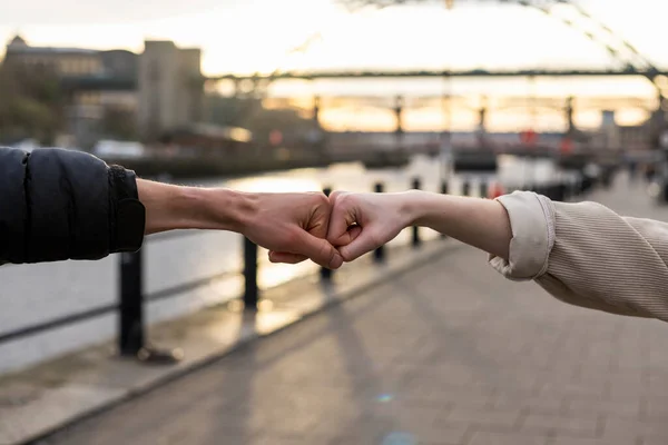 Unrecognisable Couple Spending Day Newcastle Tyne Together Fist Bumping Each — Stock Photo, Image