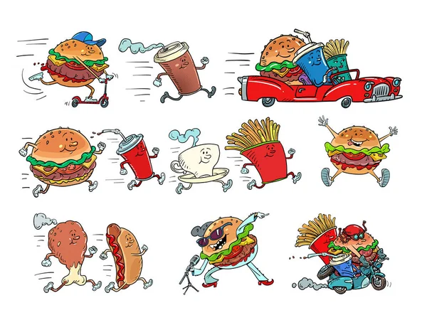 Set Samling Snabbmat Produkter Gata Eller Väg Restaurang Burger Pommes — Stock vektor