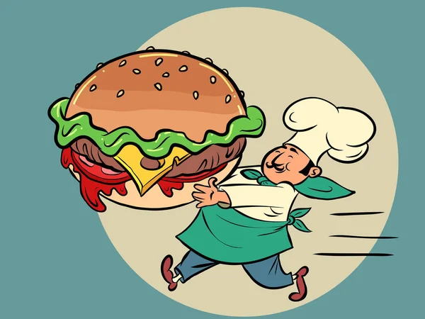 バーガーとシェフの男レストランのファーストフード通りの料理 漫画ポップアートレトロなイラストハンドドローイング — ストックベクタ