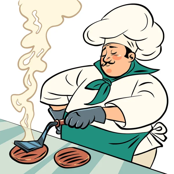 Chef Homme Friture Escalopes Pour Hamburger Restauration Rapide Cuisine Rue — Image vectorielle