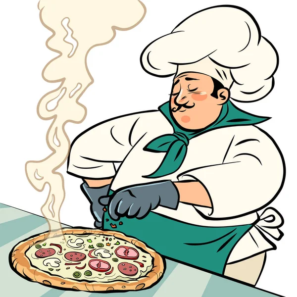 比萨饼餐厅 厨师准备一道菜 街头意大利传统食品 漫画流行艺术复古插图手绘 — 图库矢量图片