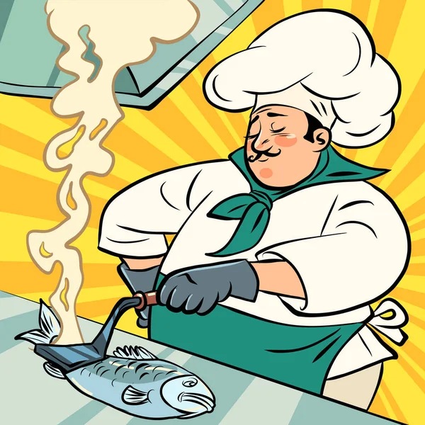 Αρσενικός Μάγειρας Ετοιμάζει Ψάρι Εστιατόριο Στη Θάλασσα Κοπή Προϊόντων Ειδικό — Διανυσματικό Αρχείο