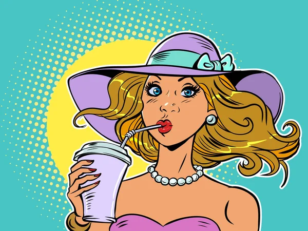 Woman Summer Drinking Tropical Cocktail Cool Drink Sunhat Comic Cartoon — Stock Vector