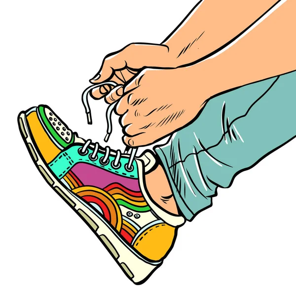 Adolescente Coloca Tênis Close Sapatos Urbanos Jovens Esportes Brilhantes Desenho — Vetor de Stock