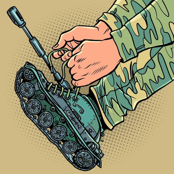 Ein Uniformierter Soldat Zieht Statt Stiefeln Panzer Konzept Der Kriegsmobilisierung — Stockvektor