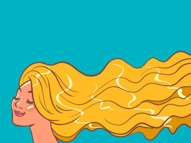 Uzun sarı saçlı genç kadın, genç güzel kız, rüzgar. Çizgi roman pop sanat retro çizim el çizimi