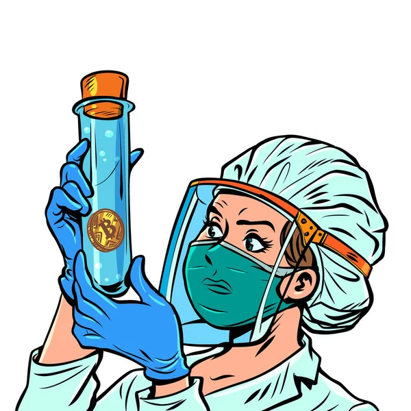 Female Medic Test Tube Bitcoin Digital Money Cryptocurrency Comic Cartoon — Stock Vector