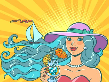 Deniz kıyısındaki tatil köyünde tropikal kokteyl içen bir kadın. Soğuk bir içecek, deniz ve yelkenli bir yat. Çizgi roman pop sanat retro çizim el çizimi