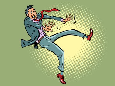 Adam düşüyor. İş adamı zar zor tek ayak üzerinde duruyor. Eylemsizlik. Kaygan zemin, felaket çizgi film pop sanat retro vektör çizimi el çizimi