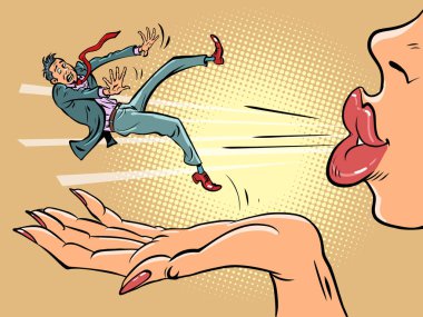 Bir kadın bir erkeğe veda eder. Ayrılma ve boşanma. Kadın kocasını uzaklaştırır, aşk biter. Çizgi roman pop sanat retro vektör illüstrasyon el çizimi