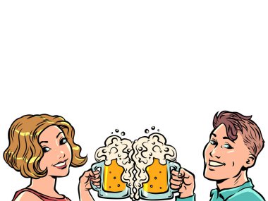 A man and a woman with a beer. Oktoberfest. Bar pub restaurant. Alcohol party. Comic cartoon retro vintage handmade drawing illustration