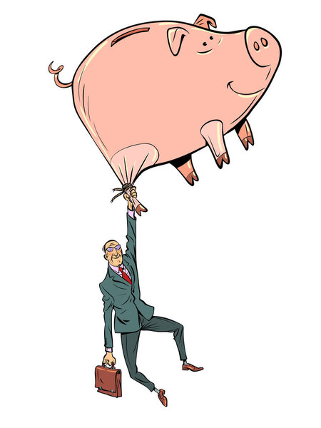 pig piggy bank and businessman with briefcase. Banking and economic activity. Financial migration. Comic cartoon pop art retro illustration hand drawing