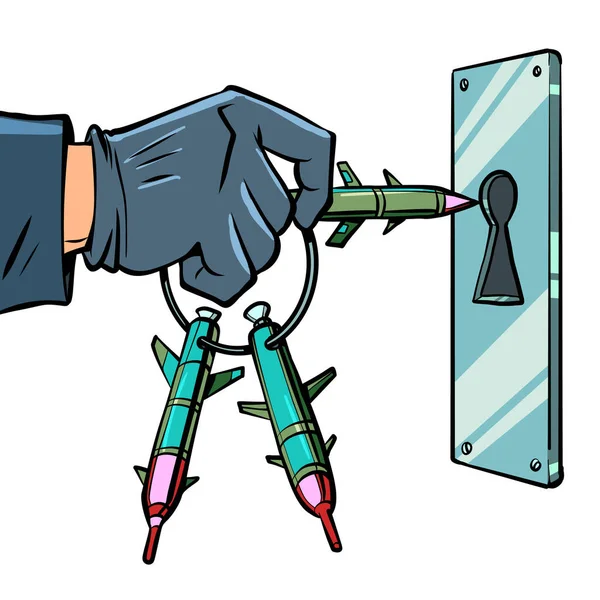 泥棒は手に鍵を持っている 漫画ポップアートレトロベクトルイラストハンドドローイング — ストックベクタ