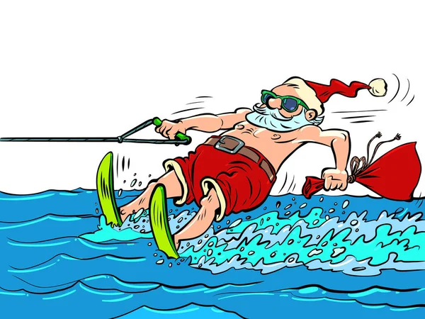 Santa Claus Relaxing Seaside Resort Man Water Skiing New Year — Stock Vector