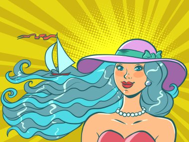 a woman at a seaside resort against the backdrop of the sea and a sailing yacht, a tourist on vacation. Comic cartoon pop art retro illustration hand drawing