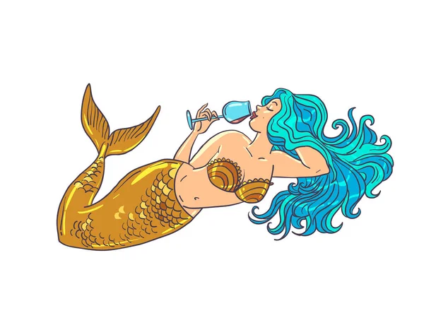 Attractive Mermaid Golden Tail Sea Colored Hair Drinking Wine Expensive — Stockvector