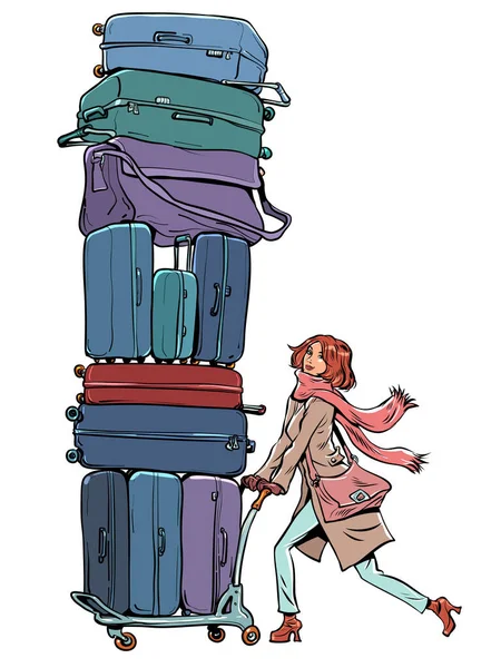 Girl Red Hair Coat Scarf Carrying Lot Luggage Her Relocation — Image vectorielle