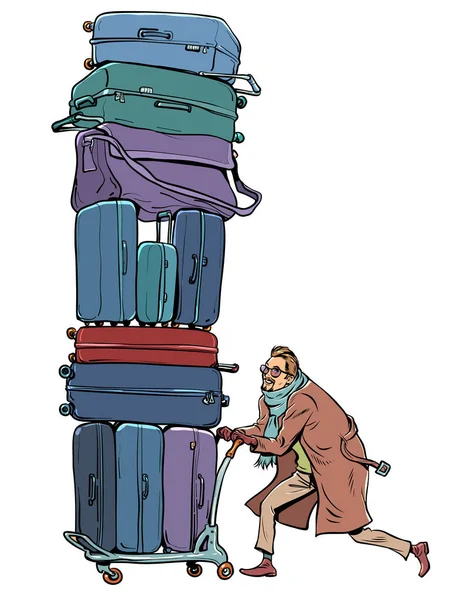 Чоловік Пальто Шарф Взяв Багато Багажу Відправився Ним Переселення Людини — стоковий вектор