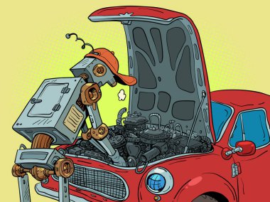 The robot is repairing the car. auto repair shop garage Automated work in a car service. Maintenance for driver safety. Comic cartoon pop art retro vector illustration hand drawing