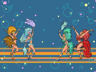 brazil carnival Girls in colorful dresses are dancing. Colorful carnival, holiday, party or event. Comic cartoon pop art retro vector illustration hand drawing