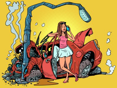 Bir kadın arabasıyla kaza yapmış, sokak lambasına çarpmış. Çağırmak çözüm değil. Her şeyden önce güvenlik. Çizgi roman pop sanat retro vektör illüstrasyon el çizimi