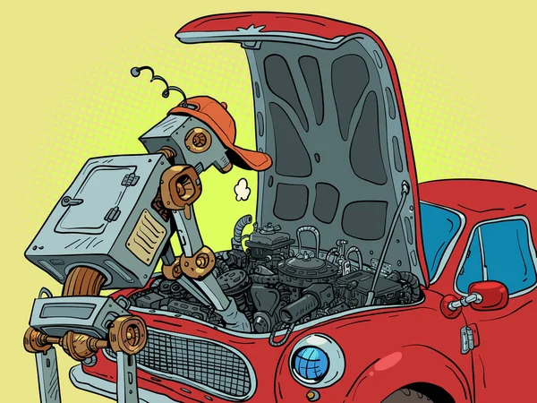 Robô Está Reparando Carro Oficina Reparação Automóvel Garagem Trabalho Automatizado — Vetor de Stock