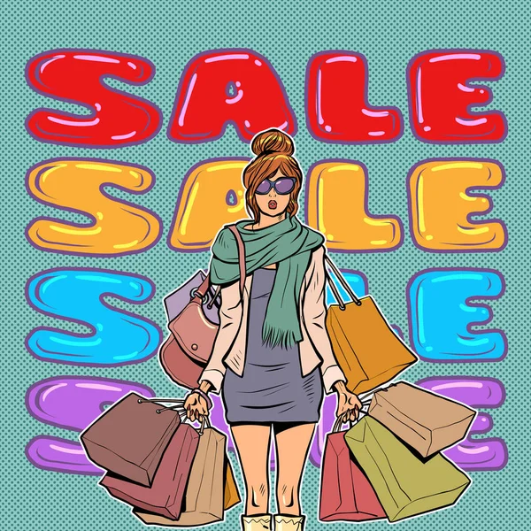 Fashionable Girl Multiple Bags Returns Sale Advertising Announcement Upcoming Promotions — Stock Vector