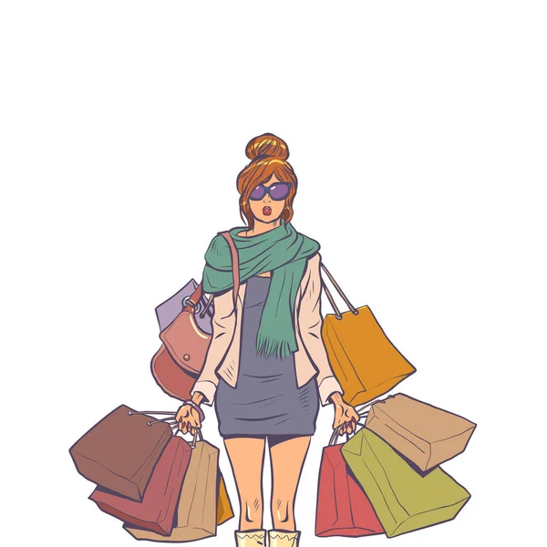 Stylish Girl Many Packages Shopping Malls Comic Cartoon Pop Art — Stock Vector