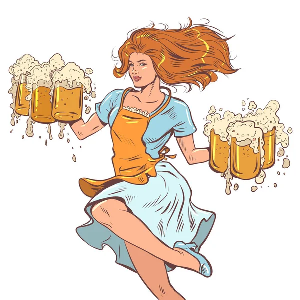 Une Fille Aux Cheveux Roux Dans Une Robe Livre Bière — Image vectorielle