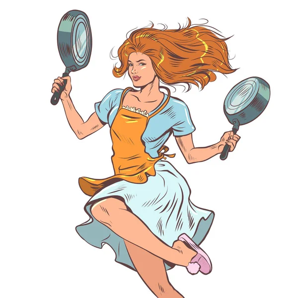 Girl Red Hair Carries Frying Pans Choice Products Dishes Home — Stockvector