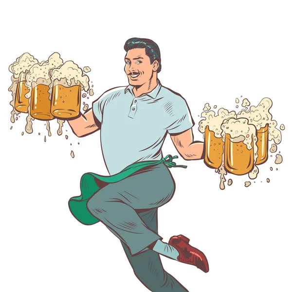Elegant Man Mustache Carries Mugs Beer Waiter Bar Restaurant Tavern — Image vectorielle