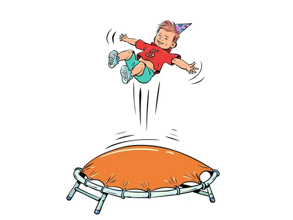 少年はトランポリンでジャンプしている 子供の誕生日のためのエンターテイメント 子供のためのエンターテイメントセンターの広告 漫画ポップアートレトロベクトルイラストハンドドローイング — ストックベクタ