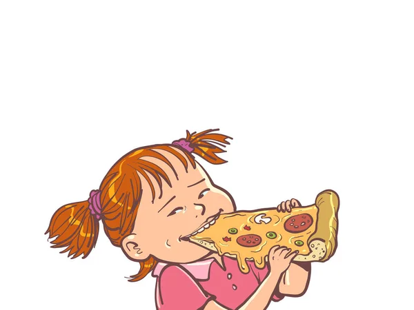 Девушка Рыжими Волосами Ест Вкусную Пиццу Служба Доставки Быстрого Питания — стоковый вектор