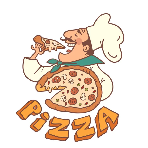 Man Cap Chef Uniform Holding Eating Pizza Italian Signature Restaurant —  Vetores de Stock