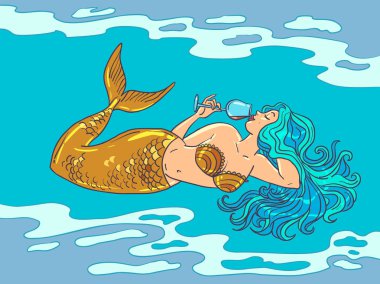 An attractive mermaid with a golden tail and sea-colored hair is drinking wine. Expensive drink and business prestige. Comic cartoon pop art retro vector illustration hand drawing