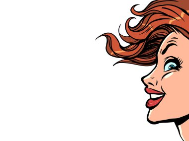 The developing hair of the client. Ambitious and domineering look. A woman with red hair looks up. On a white background. Comic cartoon pop art retro vector illustration hand drawing
