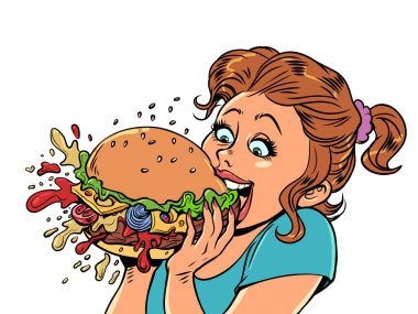 Fast food tüketimi. Fast food burgerinin zevki. Kız neşe içinde iştah açıcı bir burger yiyor. Beyaz bir arka planda. Çizgi roman pop sanat retro vektör illüstrasyon el çizimi