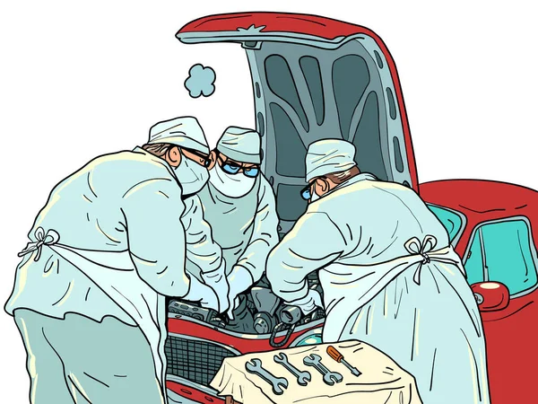 医者は車を修理している 自動車修理工場ガレージ高品質と仕事への深刻な態度 ドライバーの安全のためのメンテナンス 車の問題は冗談ではない 漫画ポップアートレトロベクトル — ストックベクタ