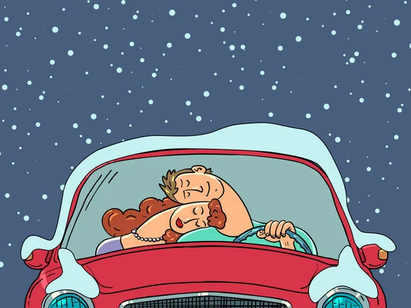 雪の中の冬に男と女が車で一緒に運転している 結婚した夫婦はどんな障害も克服し 明るい未来へと向かっていく 漫画ポップアートレトロ — ストックベクタ