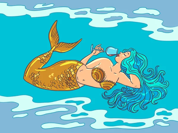 金色の尾と海色の髪をした魅力的な人魚がワインを飲んでいます 高価な飲み物やビジネスの威信 漫画ポップアートレトロベクトルイラストハンドドローイング — ストックベクタ