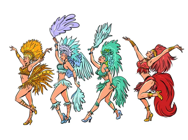 Brazylijski Karnawał Dziewczyny Kolorowe Sukienki Tańczą Kolorowe Karnawał Wakacje Impreza — Wektor stockowy
