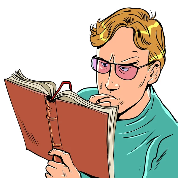 材料の慎重な研究 ビジネスへの真剣な態度 眼鏡をかけた男が本やノートをよく読んでいる 白い背景で 漫画ポップアートレトロベクトルイラストハンドドローイング — ストックベクタ