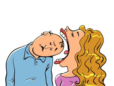Kadın ağzını vahşice açar ve erkeğin kafasını yemeye çalışır. Koca, karısının tüm ihtiyaçlarını karşılar. Aile hayatı. Çizgi roman pop sanat retro vektör illüstrasyon el çizimi