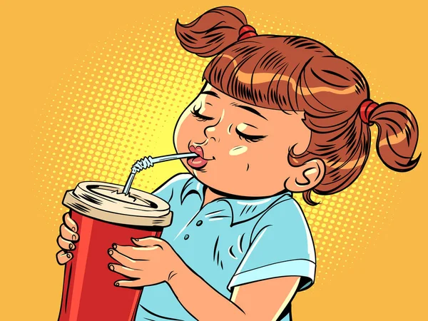 子供や家族のためのファーストフードレストラン 水とコーラを飲んで 藁でガラスから酒を飲む少女 漫画ポップアートレトロベクトルイラストハンドドローイング — ストックベクタ