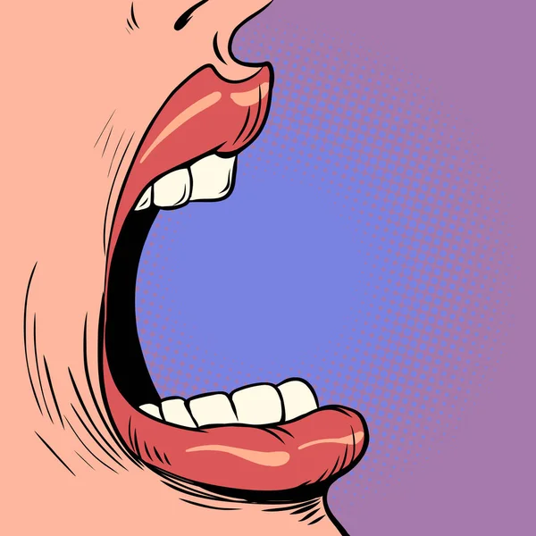 あなたの健康の世話をする 歯科治療 女性の口と歯の行を開きます 漫画ポップアートレトロベクトルイラストハンドドローイング — ストックベクタ