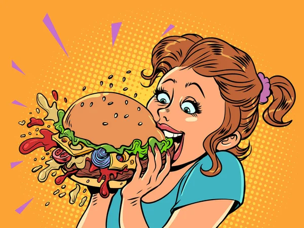 ファーストフードの消費 ファーストフードバーガーの楽しさ 女の子は食欲をそそるバーガーを食べています 漫画ポップアートレトロベクトルイラストハンドドローイング — ストックベクタ