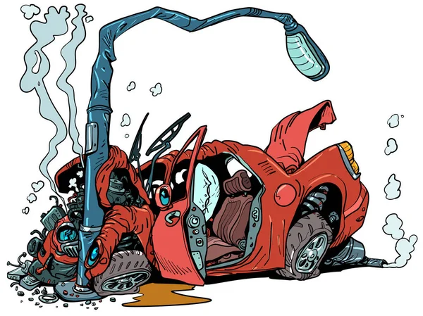 赤い車がランプトップに衝突した 交通事故だ 道路安全上の問題 漫画ポップアートレトロベクトルイラストハンドドローイング — ストックベクタ